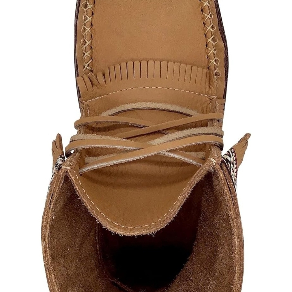 Laurentian Chief Canada Fringed Tan Leather Moccasin Boot with Southwestern Trim - Picture 4 of 6